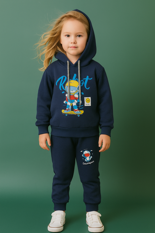 Kids Navy Hoodie Set with Graphic Print