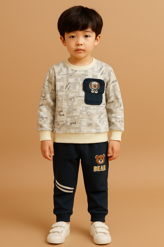 Kids Sweatshirt Set – Grey Print Top with Utility Pocket