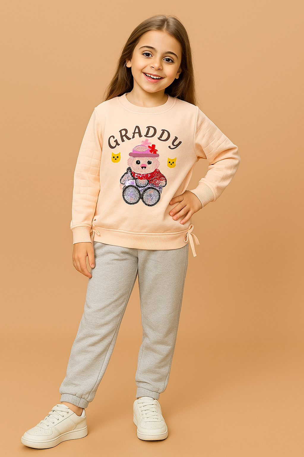 Girls Peach Teddy Graphic Sweatshirt “GRADDY” Shirt