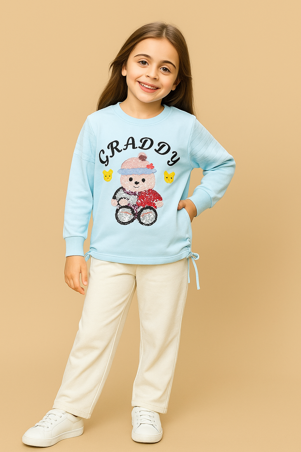 Girls Sky Blue Teddy Graphic Sweatshirt “GRADDY”