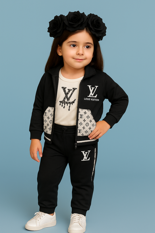 Kids Zip-Up Sweatshirt – Black Monogram-Style Jacket 3Pc