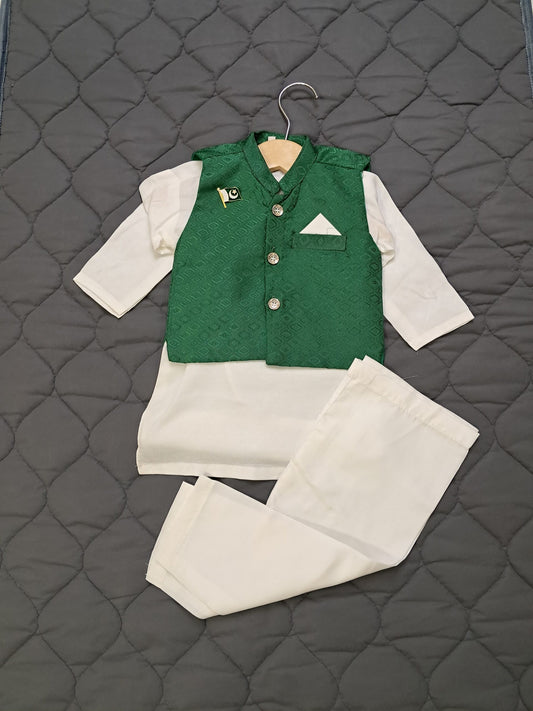 Kids Independence Day Outfit – White Shalwar Kameez with Green Waistcoat