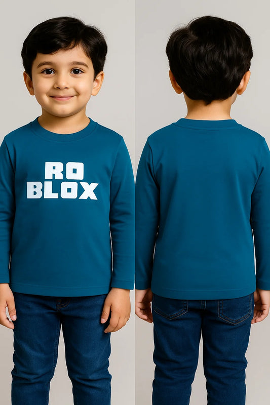 Kids Winter Long-Sleeve Tee – Teal “ROBLOX” Print | Soft, Warm & Colorfast