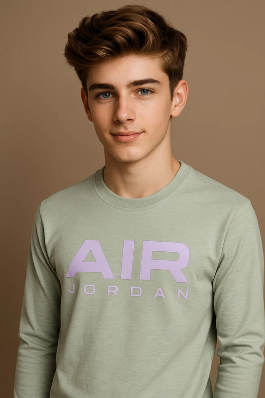 Kids Winter Long-Sleeve Tee – Sage Green “AIR” Print | Warm & Comfy