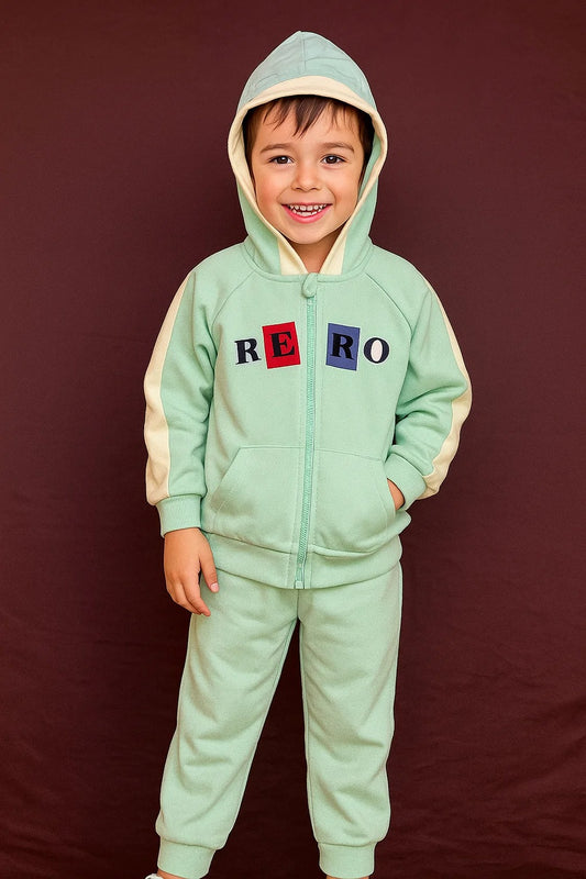 Girls Zip-Up Hoodie – Mint Green Colorblock Jacket 2PC