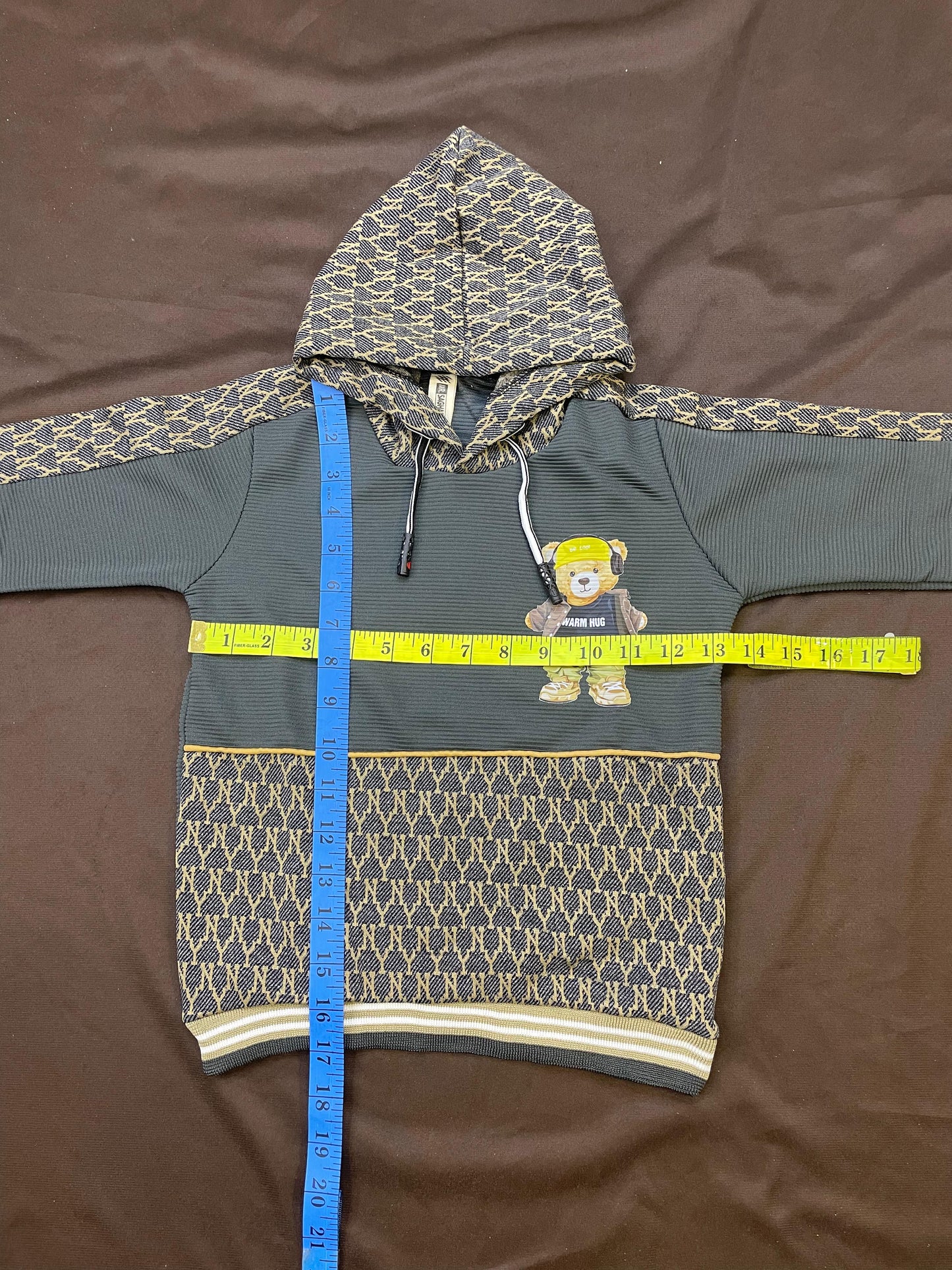 Kids Winter Hoodie – Army Green Bear Graphic with Patterned Hood Gray Color