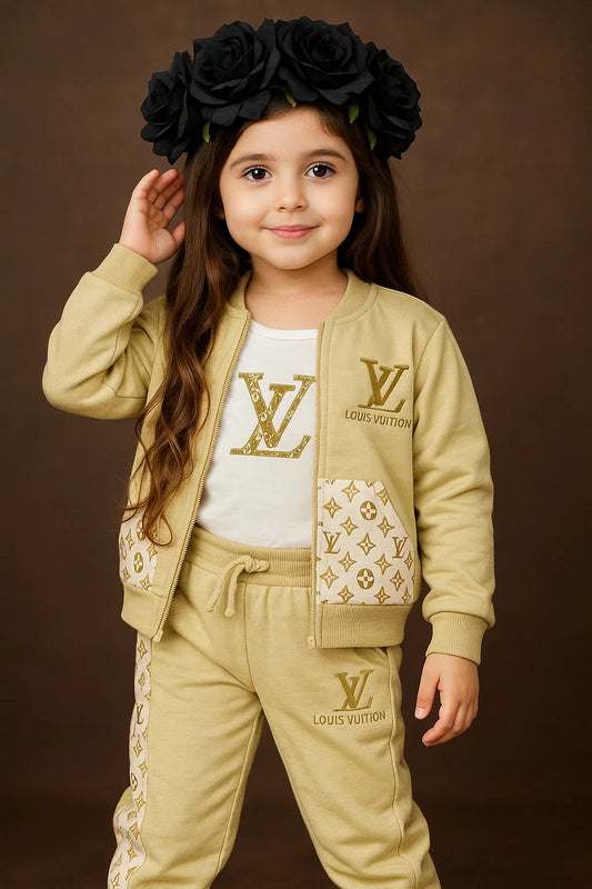 Kids Zip-Up Sweatshirt – Beige Monogram-Style Jacket 3Pc