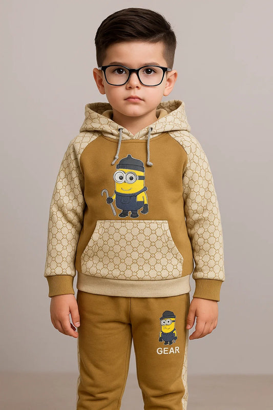 Kids Winter Hoodie – Beige Pattern Bear Graphic
