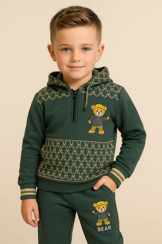 Kids Winter Hoodie – Army Green Bear Graphic with Patterned Hood Gray Color