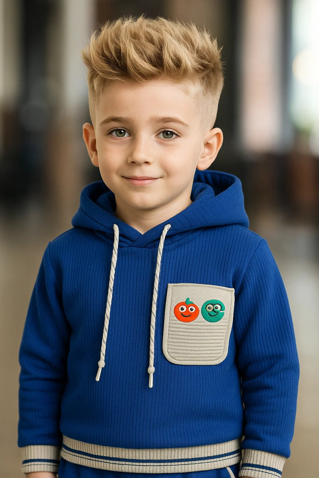 Kids Winter Hoodie – Royal Blue Patch-Pocket Sweatshirt 2Pc