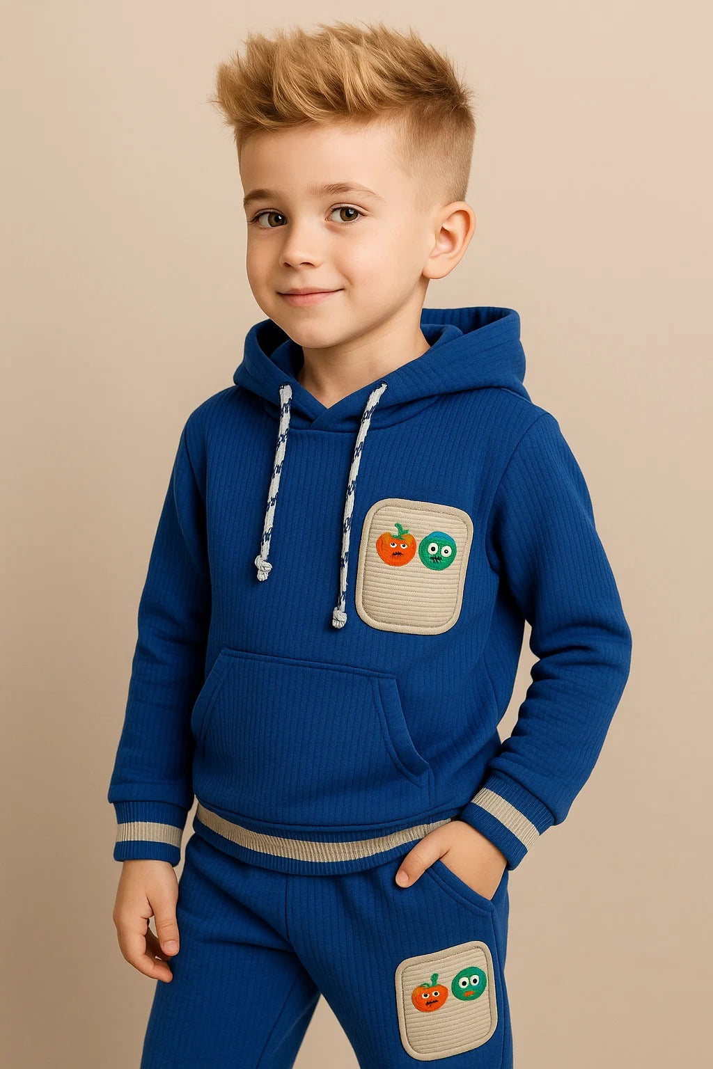 Kids Winter Hoodie – Royal Blue Patch-Pocket Sweatshirt 2Pc