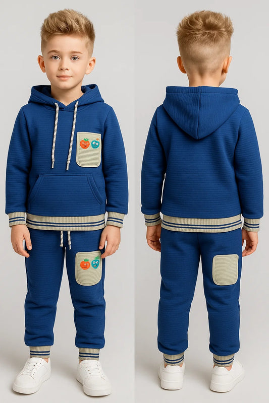 Kids Winter Hoodie – Royal Blue Patch-Pocket Sweatshirt 2Pc