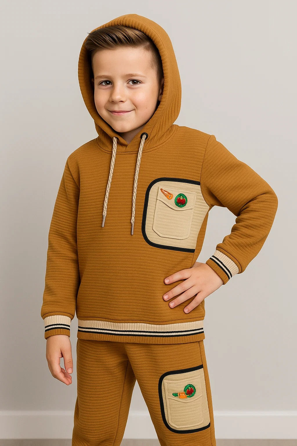 Kids Winter Hoodie – Caramel Patch-Pocket Sweatshirt 2Pc