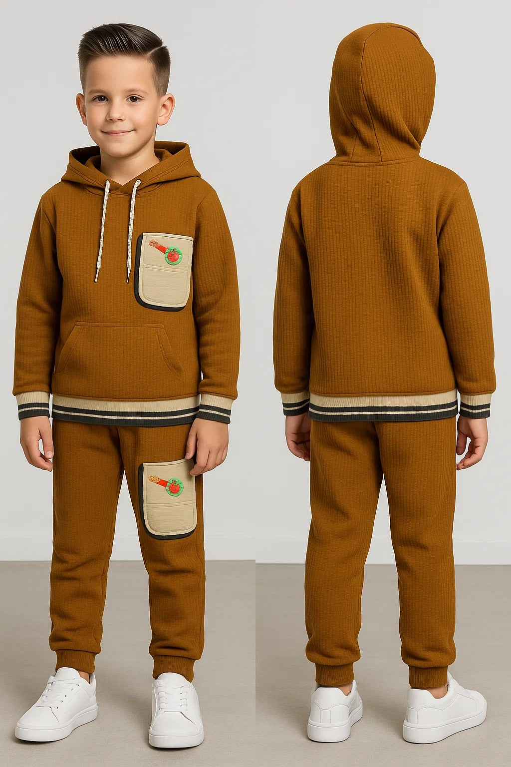 Kids Winter Hoodie – Caramel Patch-Pocket Sweatshirt 2Pc