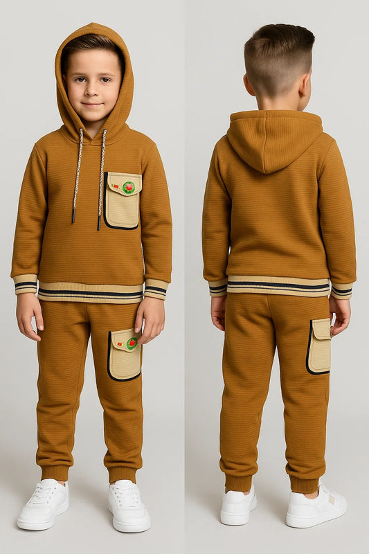 Kids Winter Hoodie – Caramel Patch-Pocket Sweatshirt 2Pc