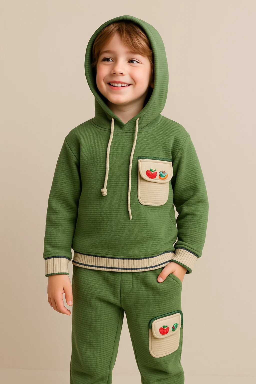 Kids Winter Hoodie – Olive Green Patch-Pocket Sweatshirt