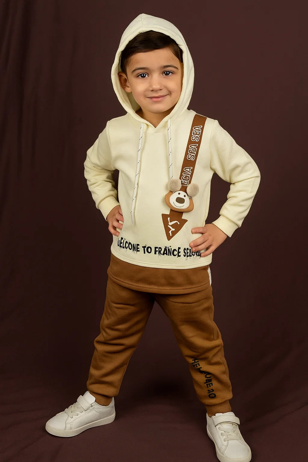 Kids Winter Hoodie – Cream Teddy Strap Patch 2Pc