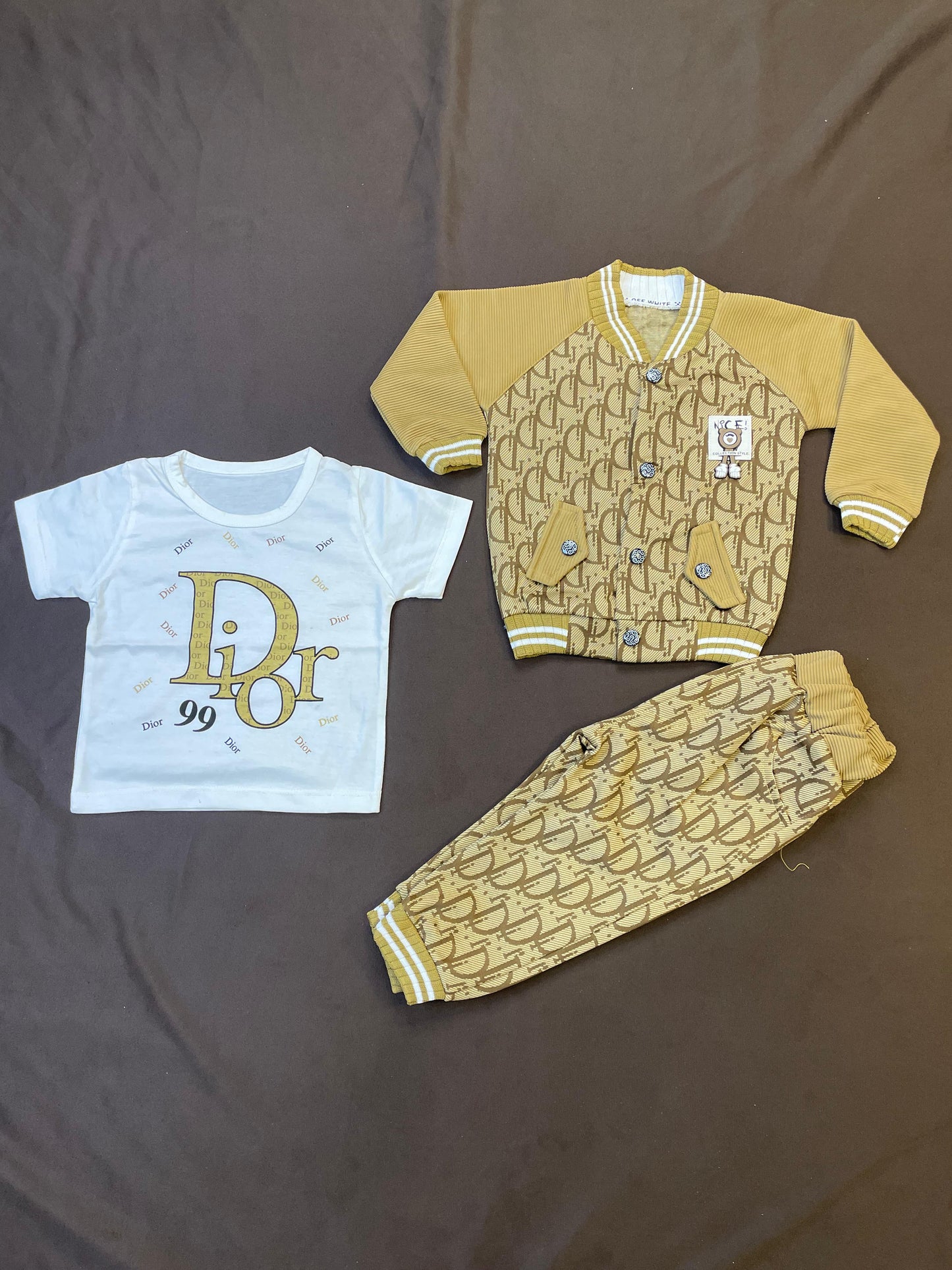 Boys Mustard Monogram Bomber Set (3-Piece: Jacket Shirt & Short)
