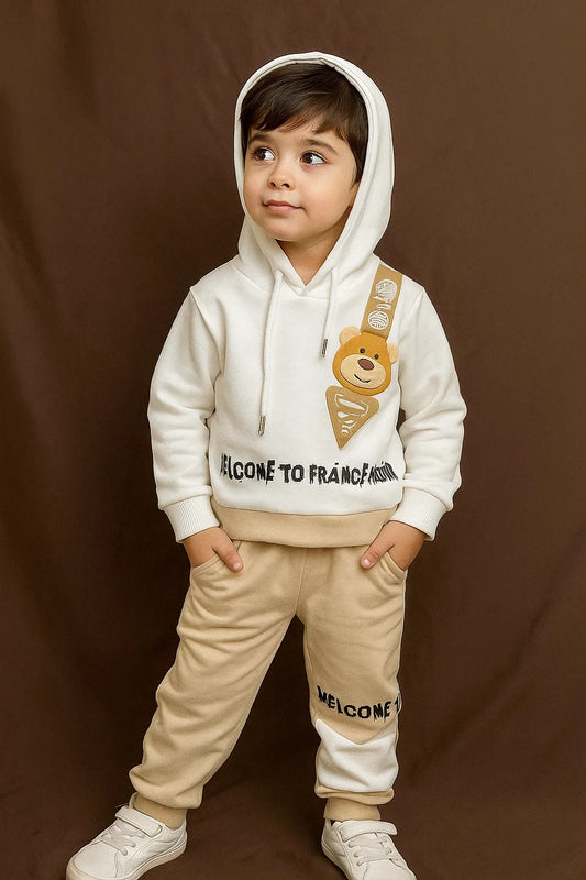 Kids Winter Hoodie – White Teddy Strap Patch Sweatshirt 2Pc