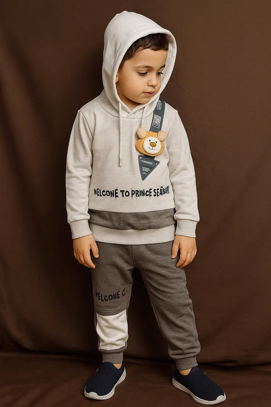 Kids Winter Hoodie – Grey Teddy Patch Sweatshirt 2Pc