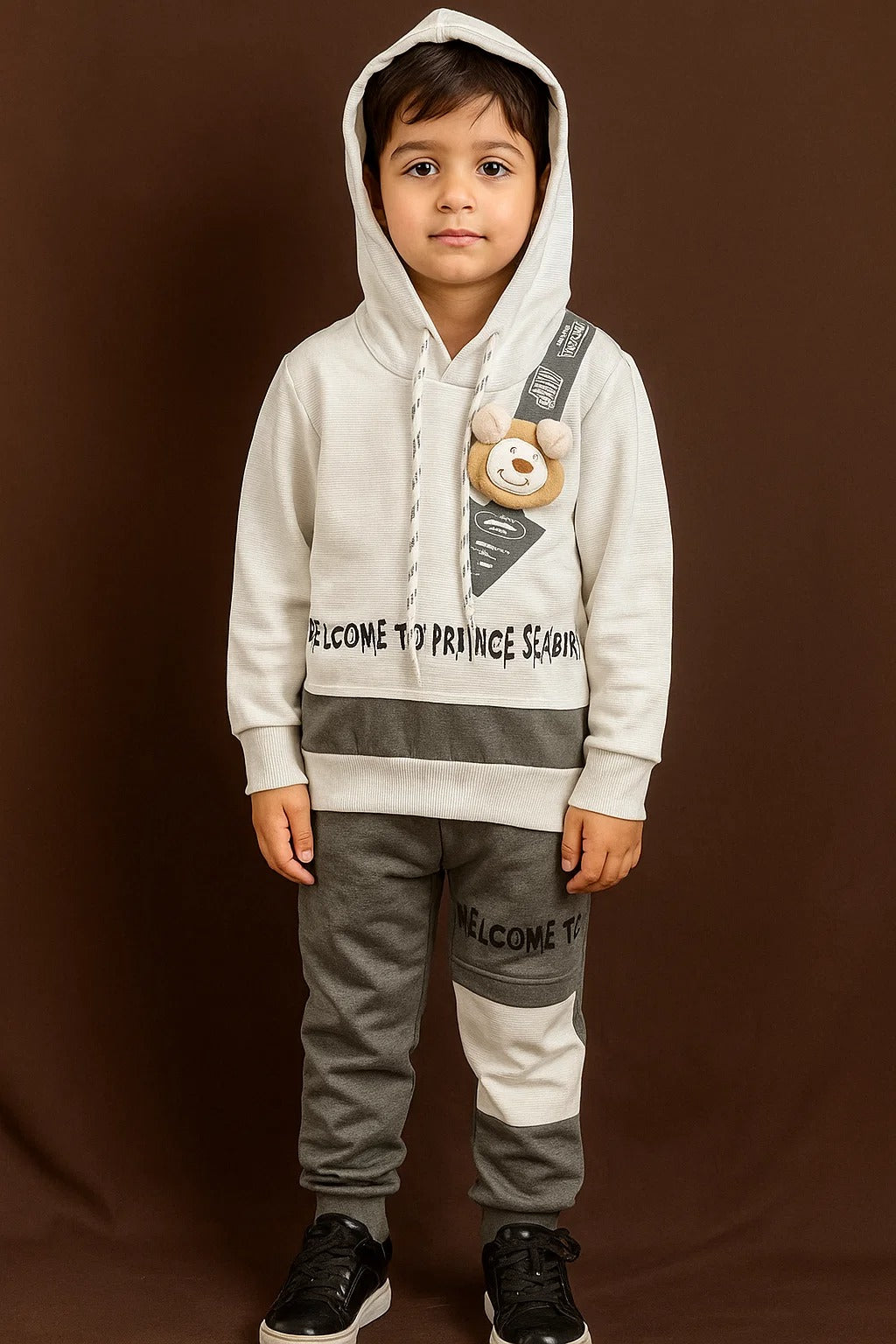 Kids Winter Hoodie – Grey Teddy Patch Sweatshirt 2Pc