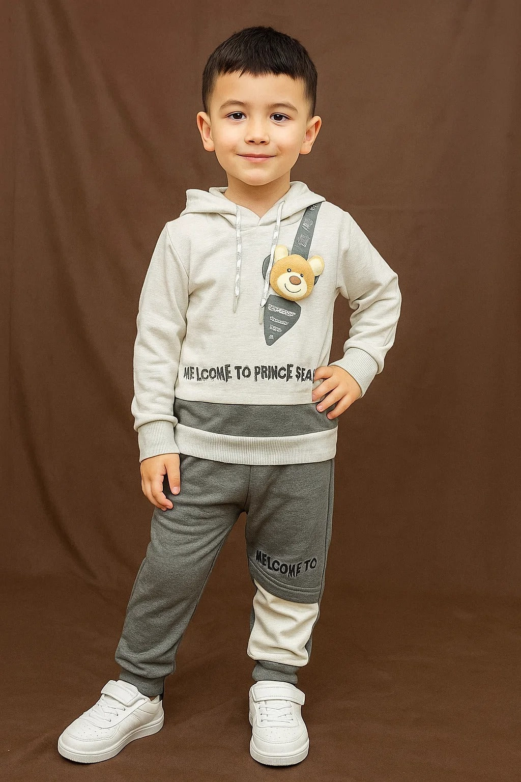 Kids Winter Hoodie – Grey Teddy Patch Sweatshirt 2Pc