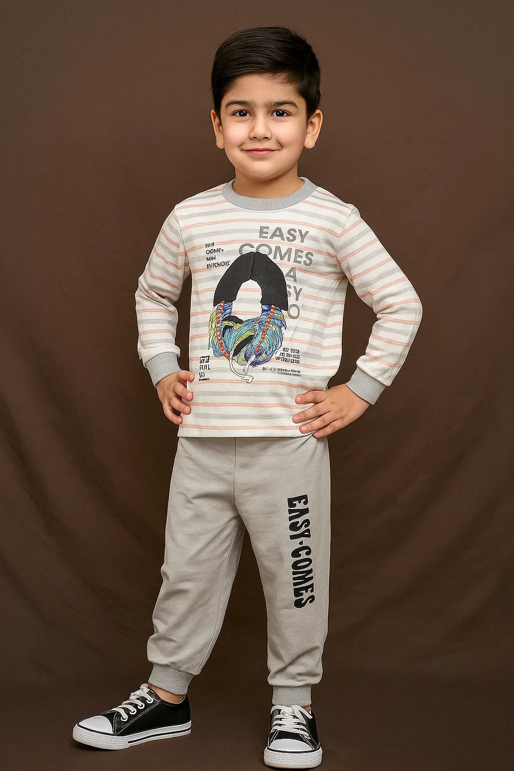 Boys 2-Piece Striped Tee Set – “EASY COMES” 3D Earphone Appliqué