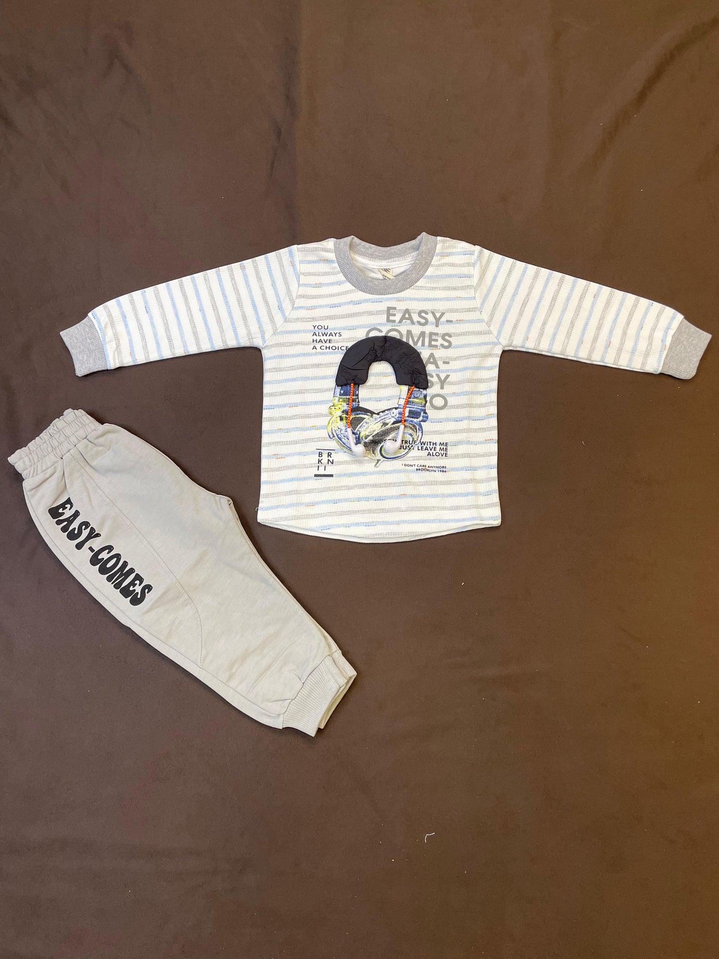 Boys 2-Piece Striped Tee Set – “EASY COMES” 3D Earphone Appliqué