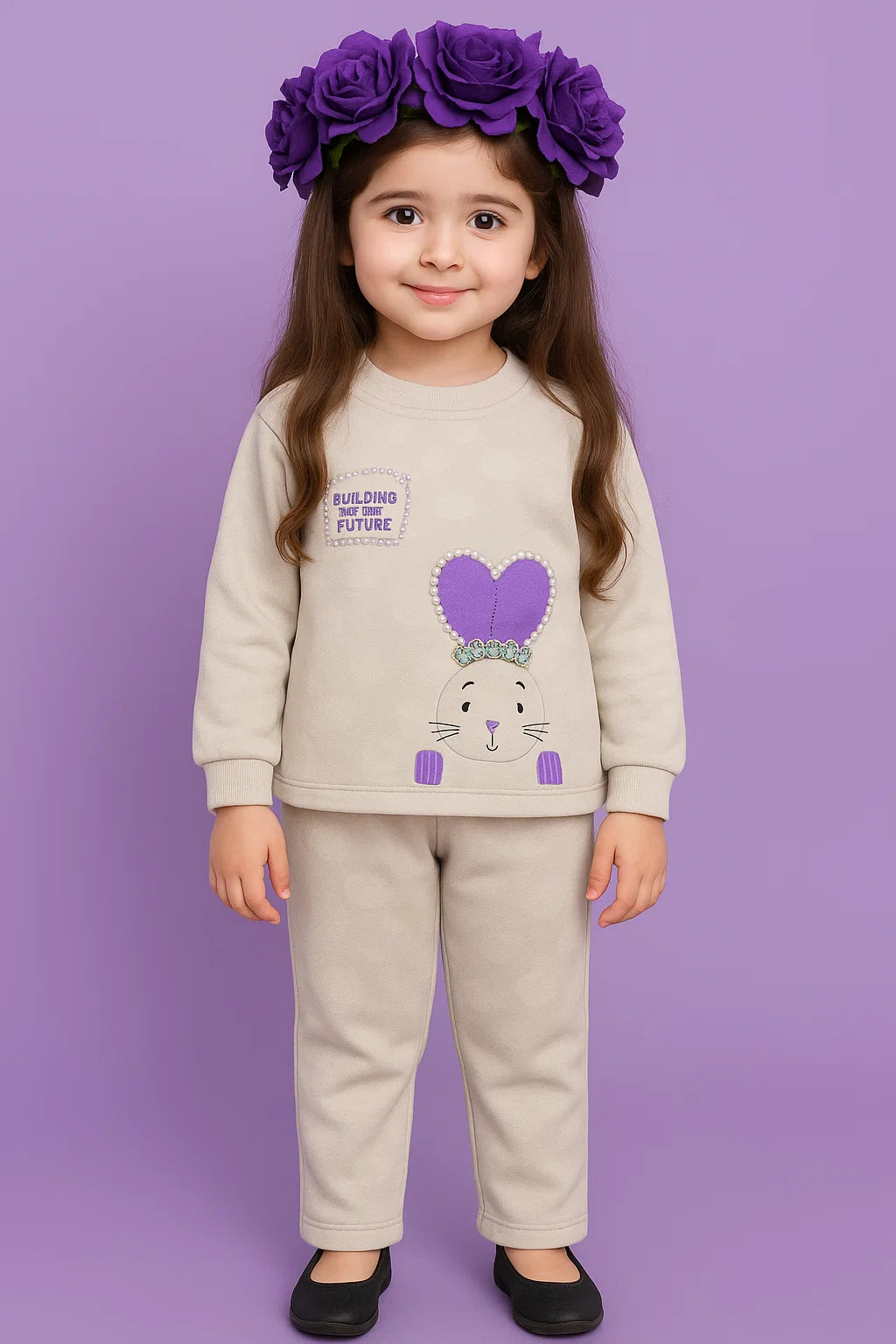 Girls Beige Bunny Hoodie Set – Winter Collection