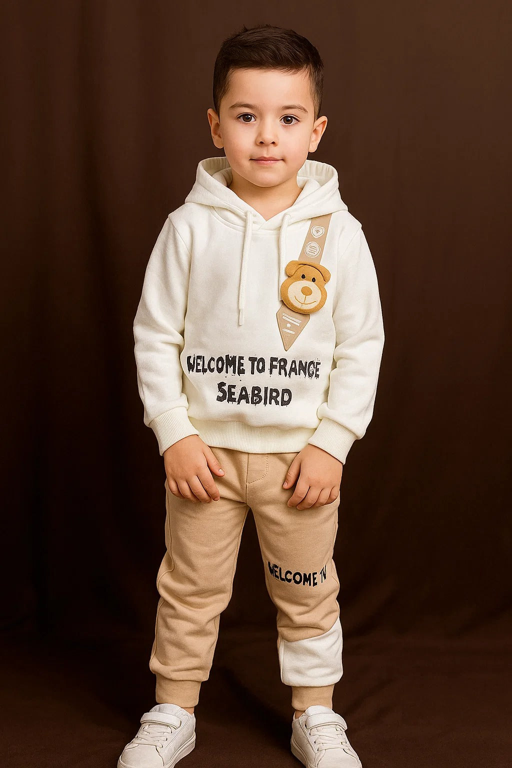 Kids Winter Hoodie – White Teddy Strap Patch Sweatshirt 2Pc