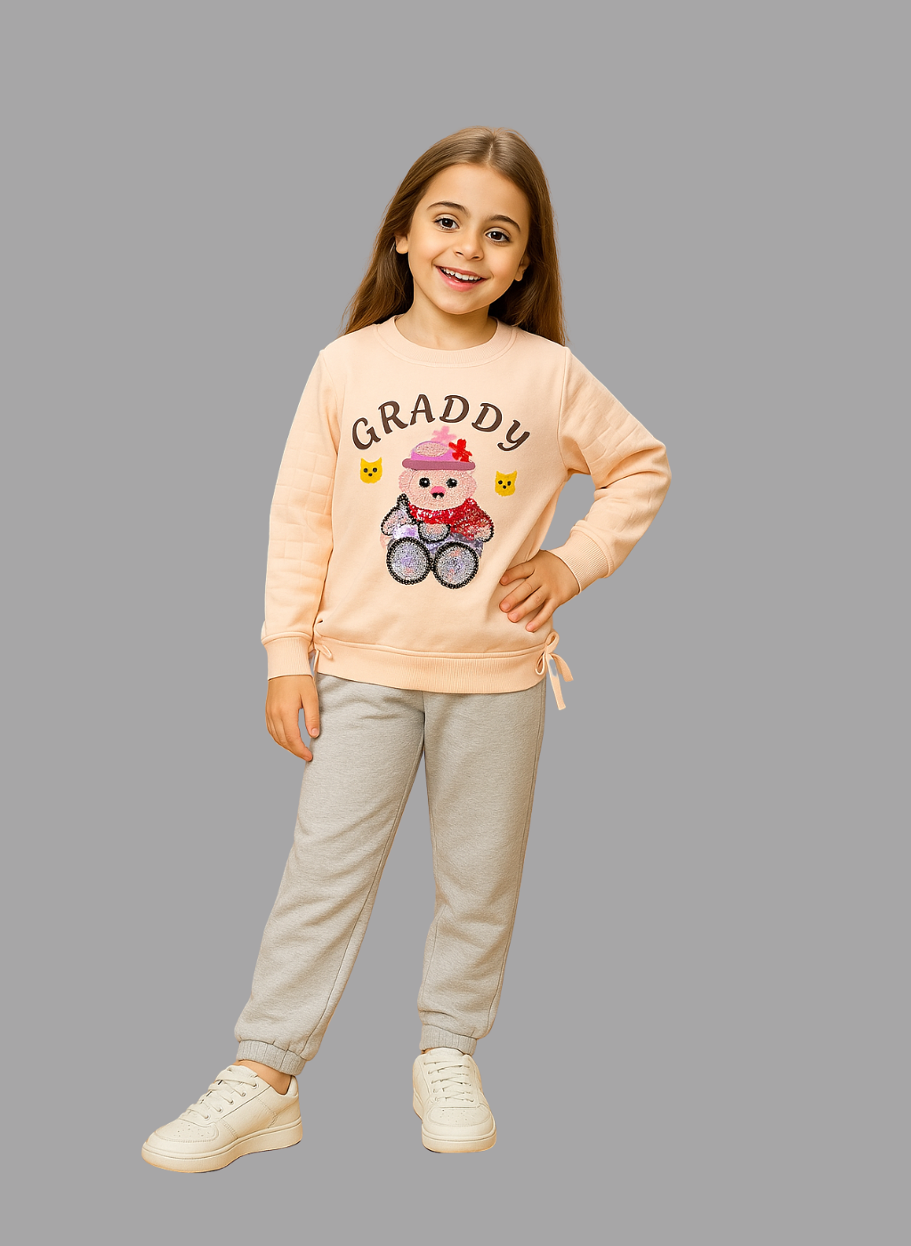 Girls Peach Teddy Graphic Sweatshirt “GRADDY” Shirt