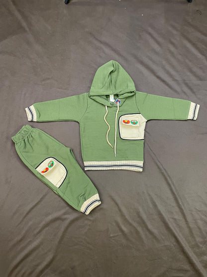 Kids Winter Hoodie – Olive Green Patch-Pocket Sweatshirt