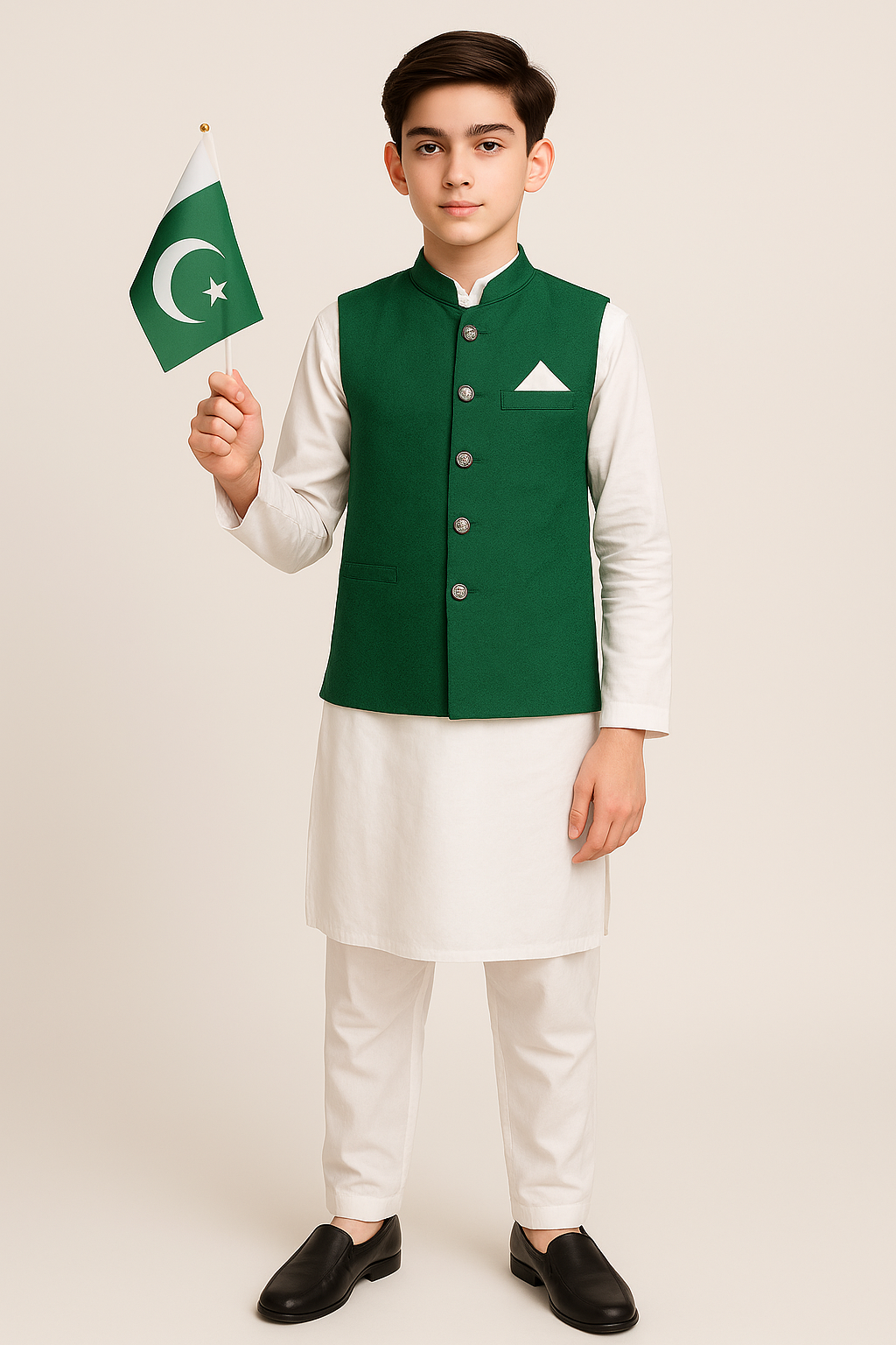 Kids Independence Day Outfit – White Shalwar Kameez with Green Waistcoat