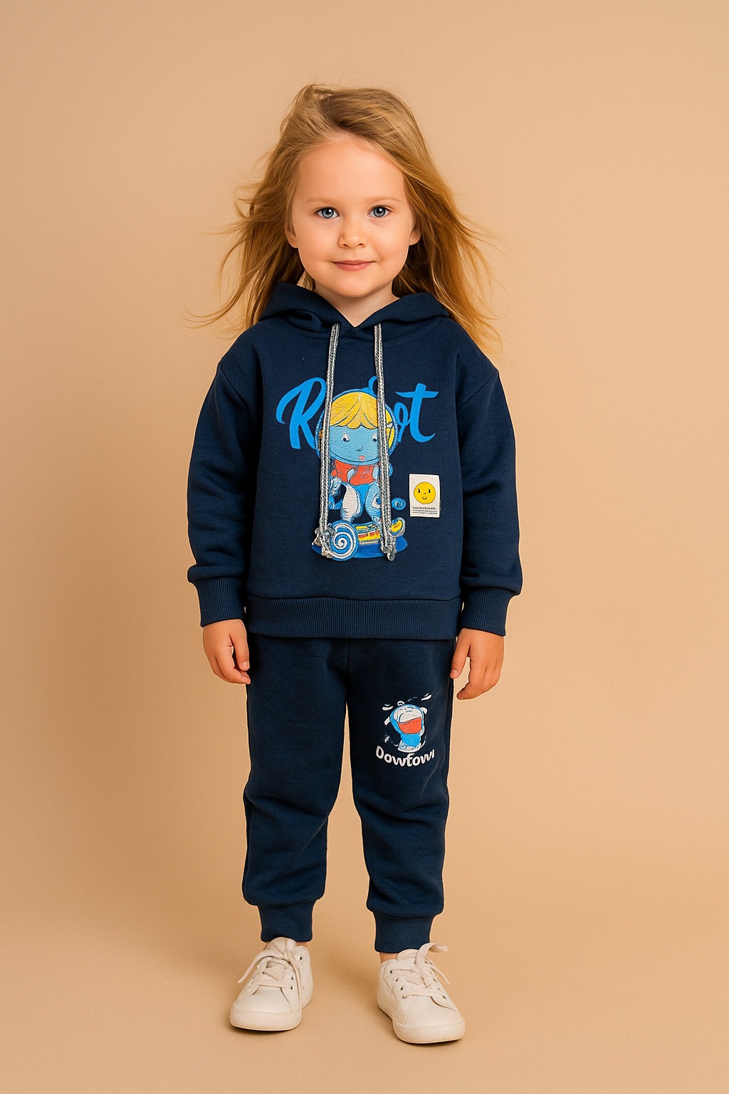 Kids Navy Hoodie  Set with Graphic Print