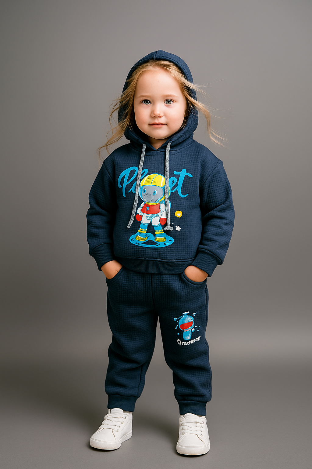 Kids Navy Hoodie  Set with Graphic Print