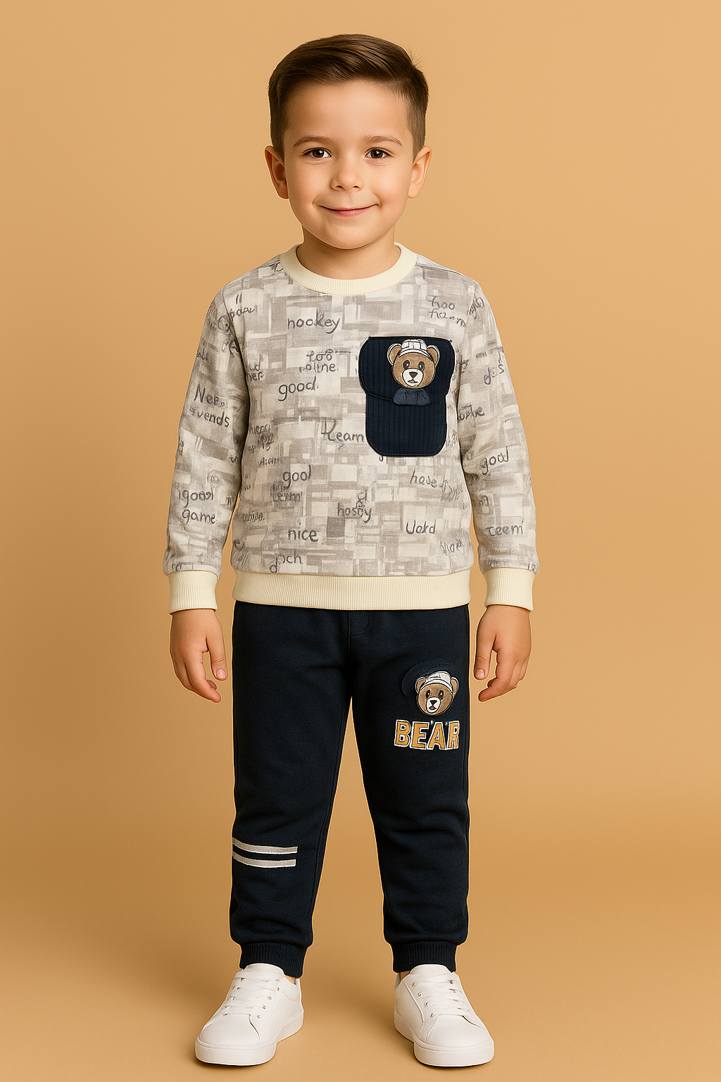 Kids Sweatshirt  Set – Grey Print Top with Utility Pocket