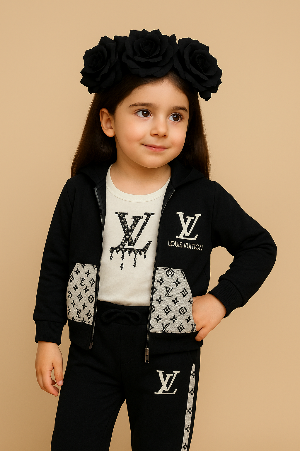 Kids Zip-Up Sweatshirt – Black Monogram-Style Jacket 3Pc
