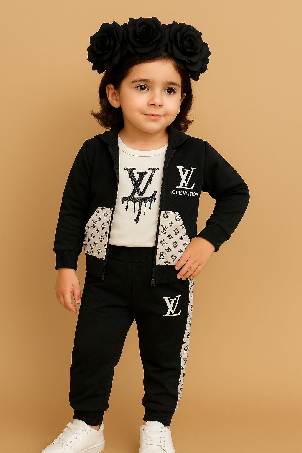 Kids Zip-Up Sweatshirt – Black Monogram-Style Jacket 3Pc