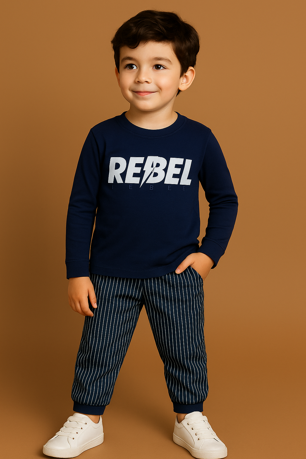 Kids Winter Long-Sleeve Tee – Navy “REBEL” Print | Warm & Comfy