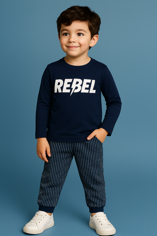 Kids Winter Long-Sleeve Tee – Navy “REBEL” Print | Warm & Comfy