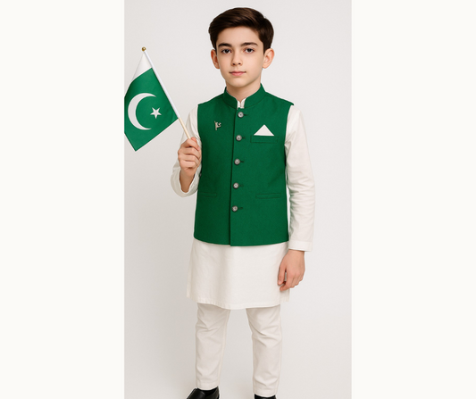 Kids Independence Day Outfit – White Shalwar Kameez with Green Waistcoat