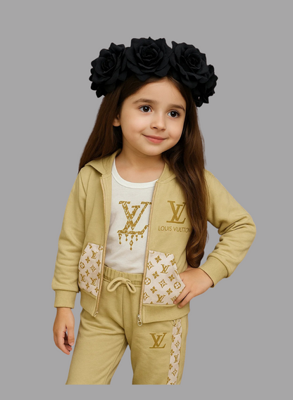 Kids Zip-Up Sweatshirt – Beige Monogram-Style Jacket 3Pc