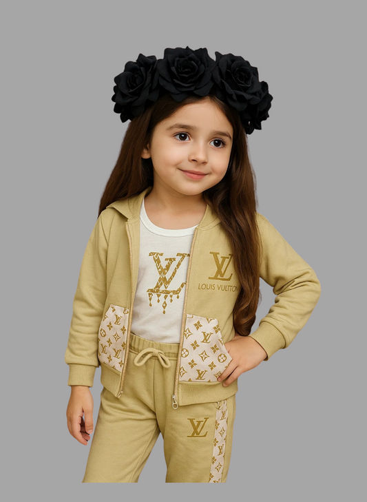 Kids Zip-Up Sweatshirt – Beige Monogram-Style Jacket 3Pc