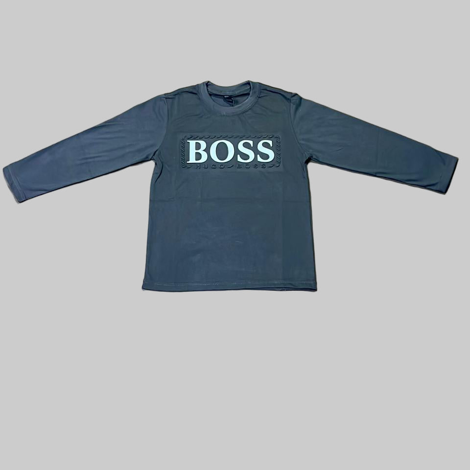 Kids Winter Long-Sleeve Tee – Black “Boss” Print  | Warm & Comfy