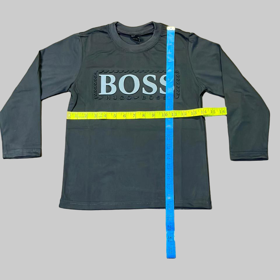 Kids Winter Long-Sleeve Tee – Black “Boss” Print  | Warm & Comfy