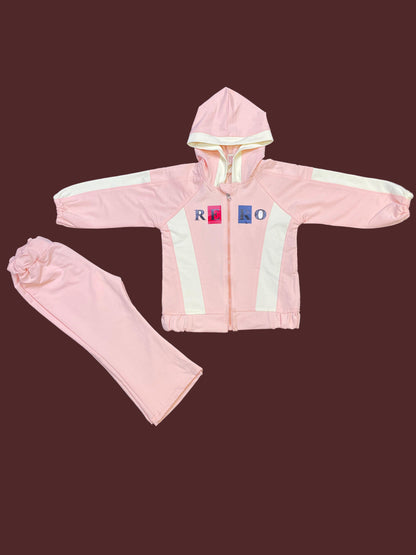 Girls Zip-Up Hoodie – Soft Pink Colorblock Jacket 2PC