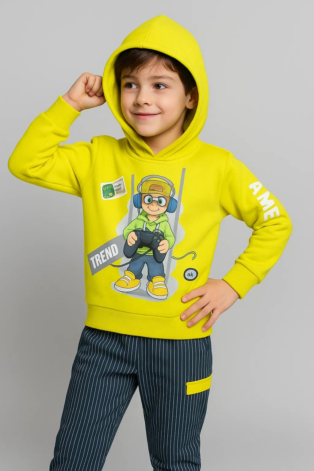 Kids Winter Hoodie – Neon Yellow Gamer Graphic 2PC