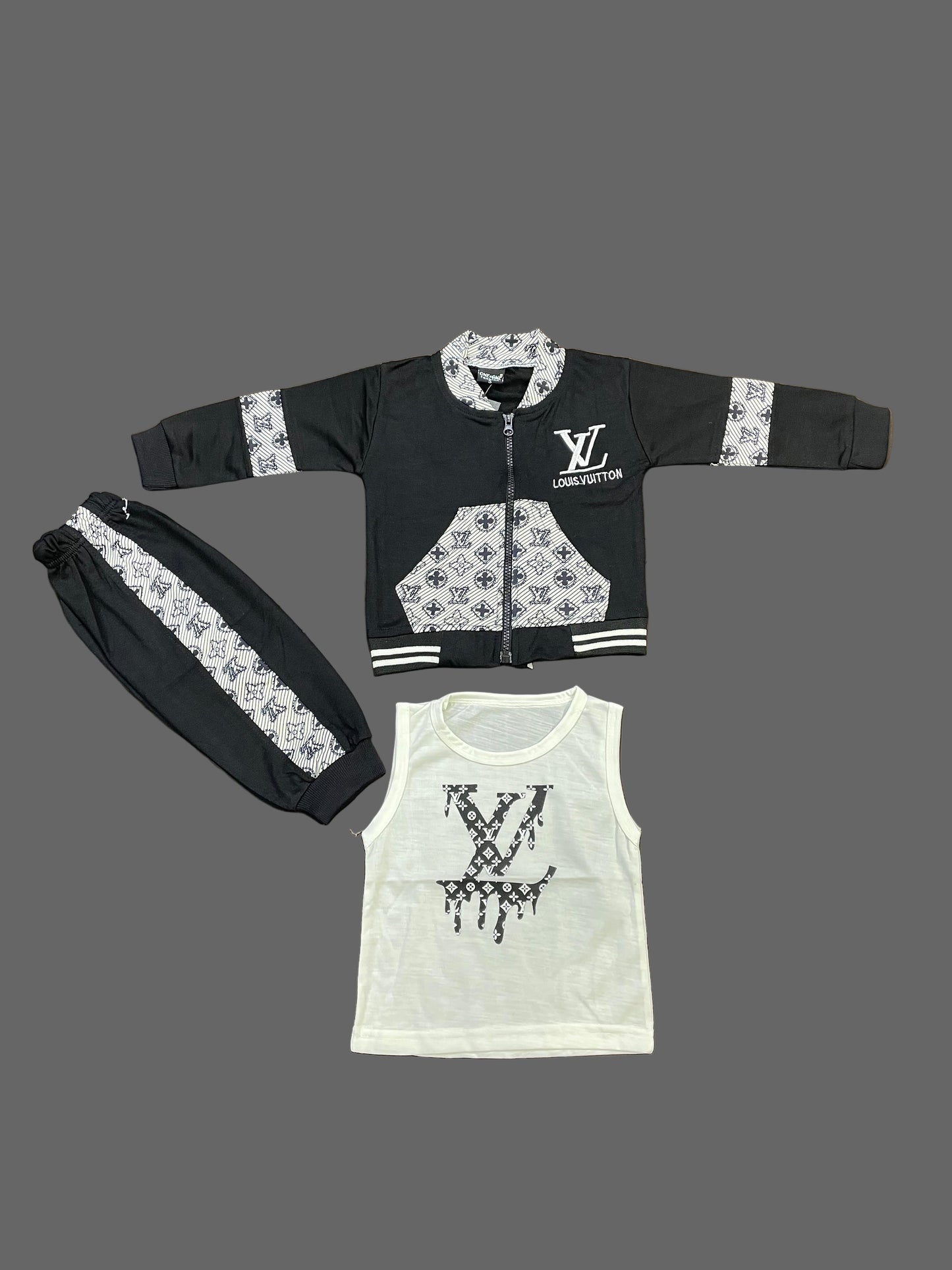 Kids Zip-Up Sweatshirt – Black Monogram-Style Jacket 3Pc