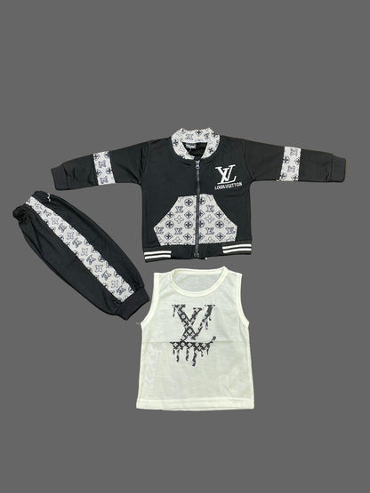 Kids Zip-Up Sweatshirt – Black Monogram-Style Jacket 3Pc