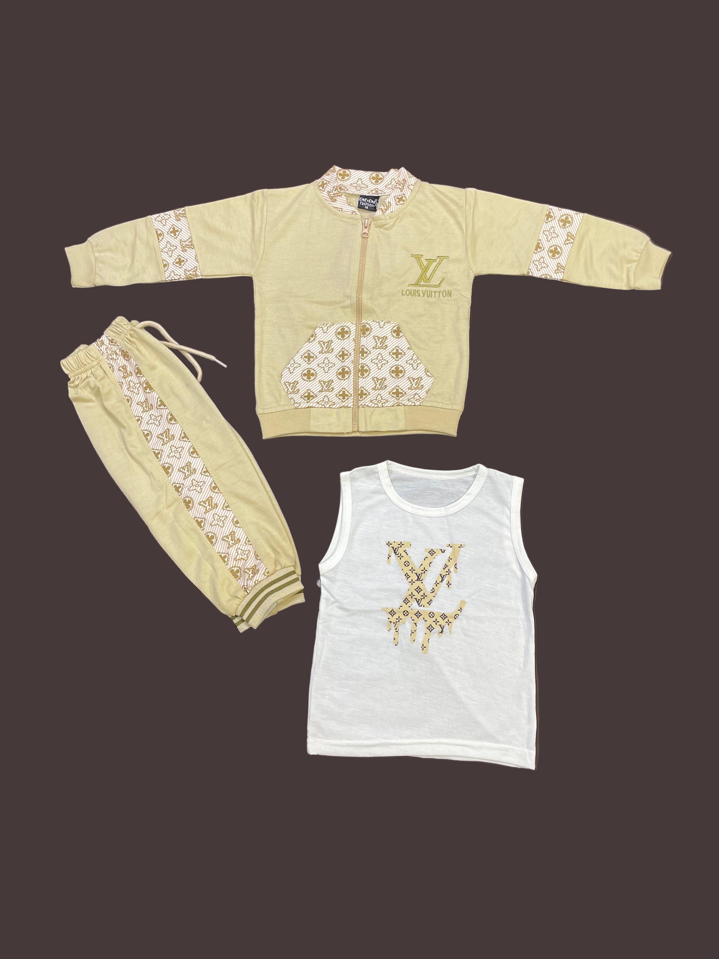 Kids Zip-Up Sweatshirt – Beige Monogram-Style Jacket 3Pc